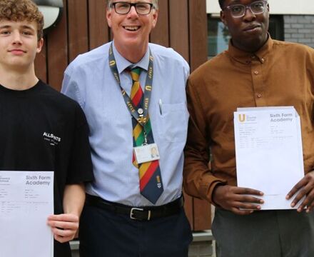 Executive Headteacher Richard Brown with Alvin Ositelu and Connor Backham