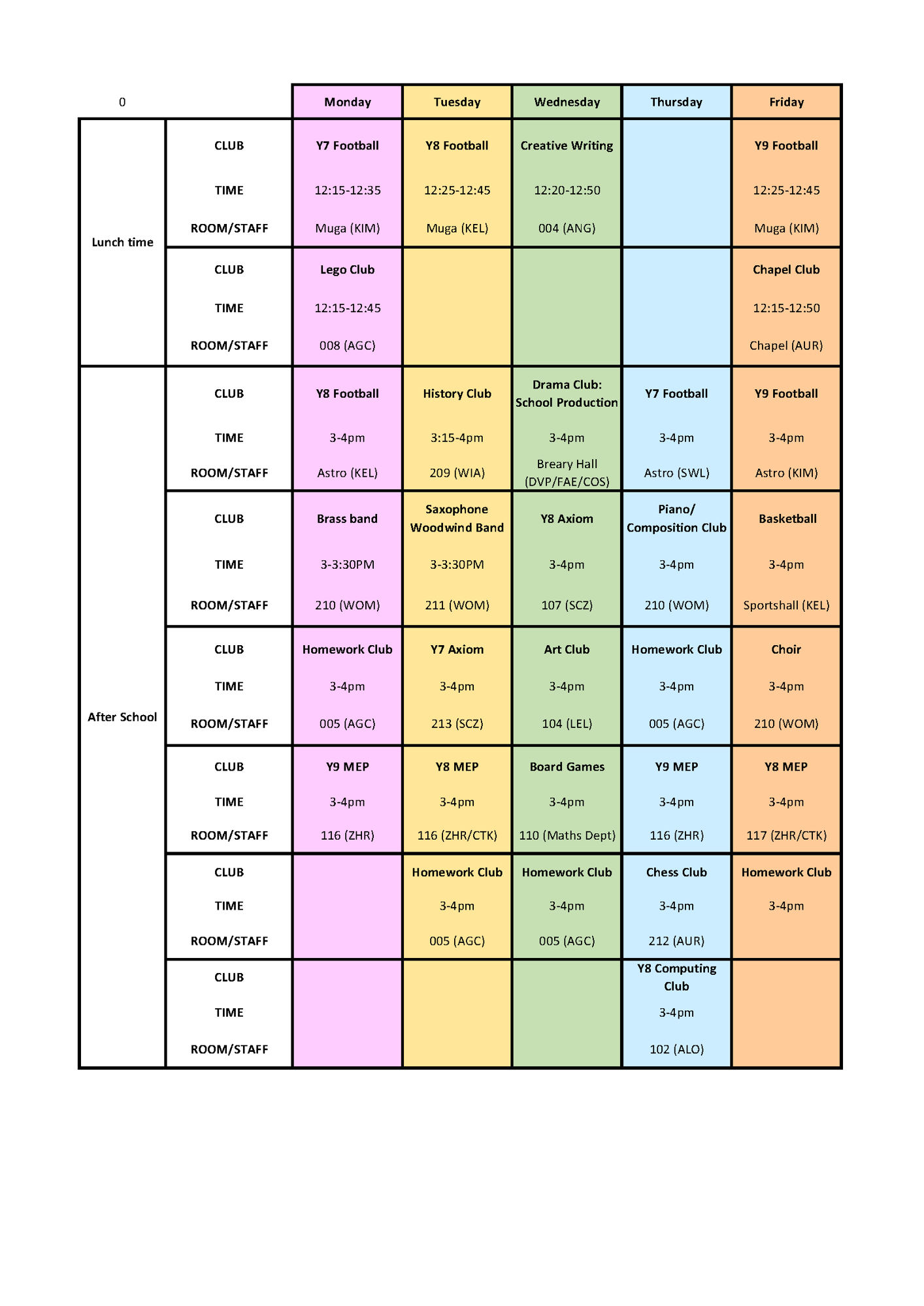Club timetable