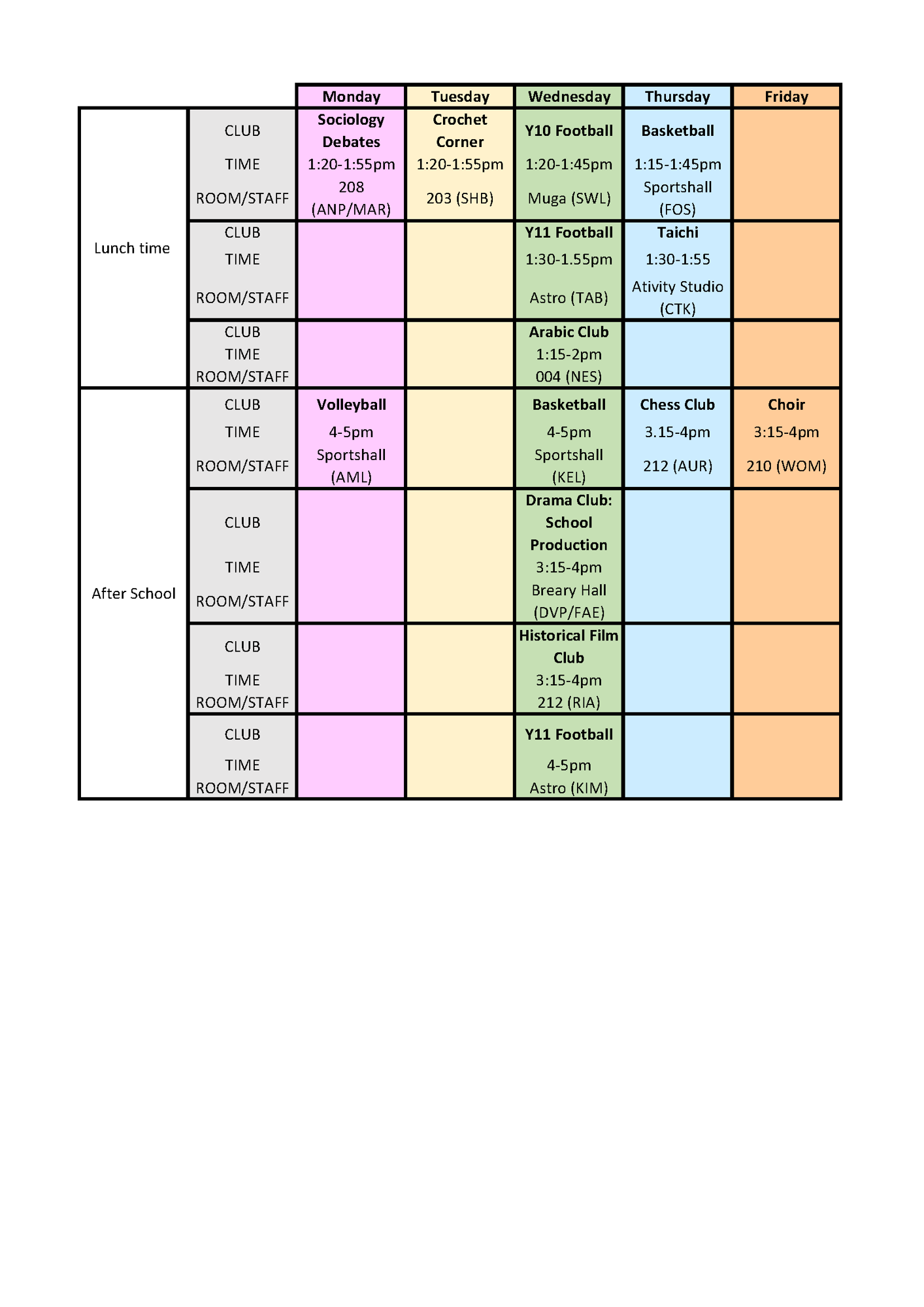 Club timetable ks4