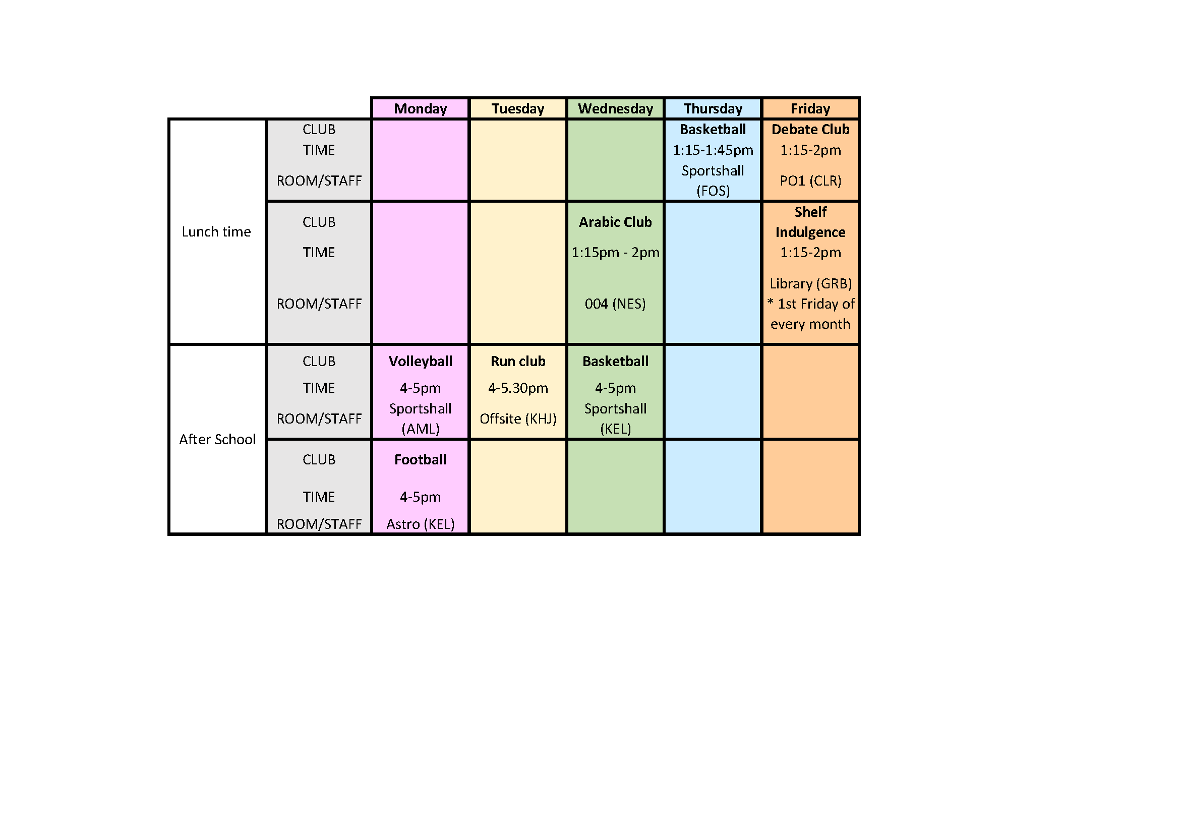 Club timetable ks5